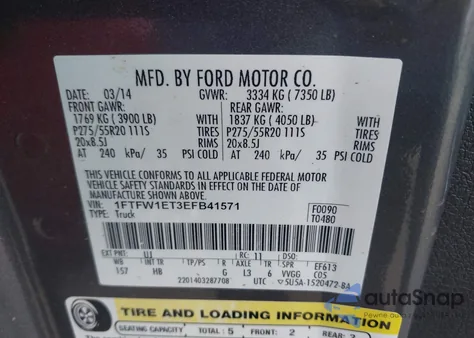 2014 Ford F-150 Lariat из США, поврежденный, VIN 1FTFW1ET3EFB41571